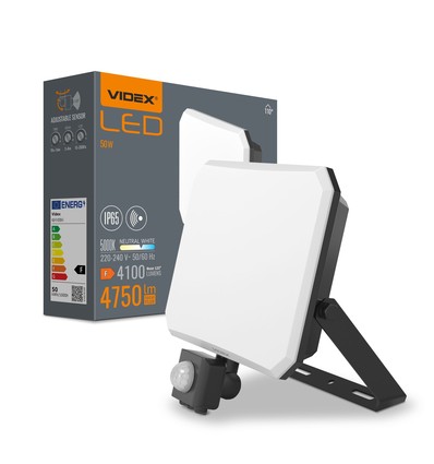50W LED projektør med sensor - 4750lm, IP65, 5000K, sort, udendørs, arbejdslampe