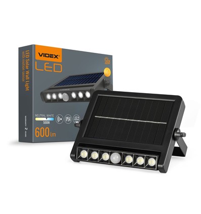 Solcelle LED væglampe med sensor, 600lm - 5000K, IP54, sort, bevægelsessensor