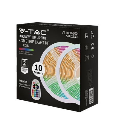 10m 4,8W/m RGB strip sæt - 12V DC, IP20, Inkl. fjernbetjening og strømforsyning (2x5m)