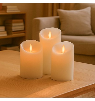 LED Bloklys, 3 stk, Ø7,5cm, bevægelig flamme, hvid - Inkl. fjernbetjening og timer, 10/15/20cm høj, ægte stearin