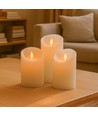 LED Bloklys, 3 stk, Ø7,5cm, bevægelig flamme, hvid - Inkl. fjernbetjening og timer, 10/15/20cm høj, ægte stearin