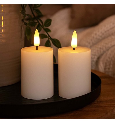 LED Bloklys, 2 stk, flammeeffekt, hvid - 7,5cm høj, Ø5cm, virker med fjernbetj (ikke inkl.), ægte stearin