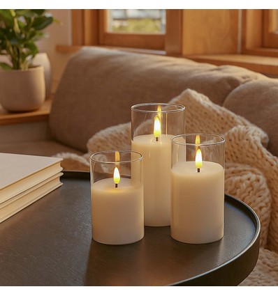 LED Bloklys sæt i glas Ø7,5cm, 3 stk, flammeeffekt - Inkl. fjernbetjening og timer, 10/12,5/15cm høj, ægte stearin