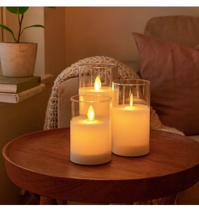 LED Bloklys sæt i glas Ø7,5cm, 3 stk, vippende flamme - Inkl. fjernbetjening og timer, 10/12,5/15cm høj, ægte stearin