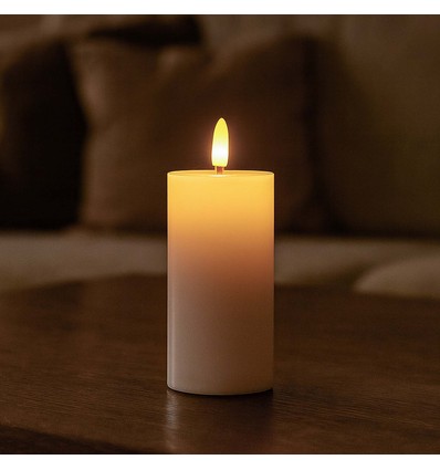 LED Bloklys 10cm høj, flammeeffekt, hvid - Ø5cm, 10cm høj, virker m. fjernbetj (ikke inkl.), timer, ægte stearin