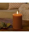 LED Bloklys 10cm høj, smelte-look, flammeeffekt - Ø7,5cm, 10cm høj, virker m. fjernbetj, ægte stearin, flot brun