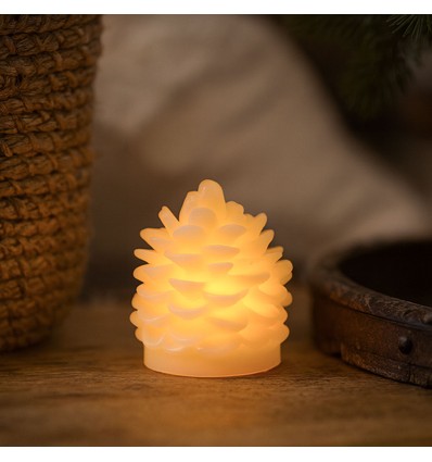 LED Grankogle lys, blinkende flammeeffekt, hvid - Højde 8cm, Ø6cm, ægte stearin