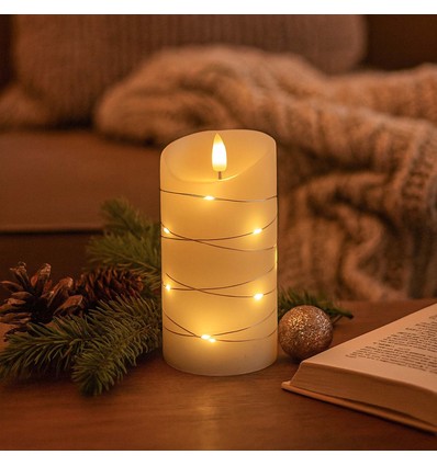LED Bloklys med lyskæde, 15cm høj, flammeeffekt - Ø7,5cm, 15cm høj, virker m. fjernbetj (ikke inkl.), ægte stearin