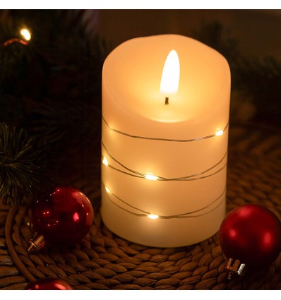 LED Bloklys med lyskæde, 10cm høj, flammeeffekt - Ø7,5cm, 10cm høj, virker m. fjernbetj, ægte stearin
