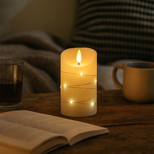 LED Bloklys med lyskæde, 12,5cm høj, flammeeffekt - Ø7,5cm, 12,5cm høj, virker m. fjernbetj (ikke inkl.), ægte stearin