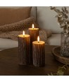 LED Træ-look bloklys 3 stk sæt, smelte-look, flammeeffekt - Ø5,5cm, 10/12,5/15cm høj, Inkl fjernbetj, ægte stearin