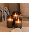 LED Bloklys sæt i røgfarvet glas Ø7,5cm, 3 stk, flammeeffekt - Inkl. fjernbetjening og timer, 10/12,5/15cm høj, ægte stearin