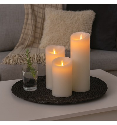LED Bloklys XL, 3 stk, Ø10cm, 17,5/22,5/30cm høj, bevægelig flamme, hvid - Inkl. fjernbetjening og timer, ægte stearin