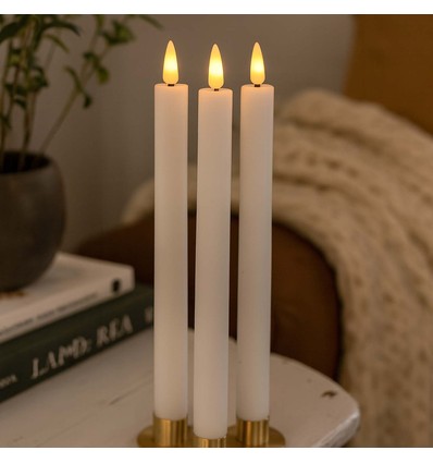 3-pak hvide LED stearinlys, flammeeffekt - Ø2,2cm, Højde: 24,5cm, stagelys, inkl. fjernb., timer, batteri