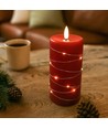 LED Bloklys med lyskæde, 15cm høj, flammeeffekt - Ø7,5cm, virker m. fjernbetj (ikke inkl.), ægte stearin, rød