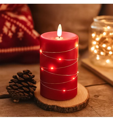 LED Bloklys med lyskæde, 12,5cm høj, flammeeffekt - Ø7,5cm, 10cm høj, virker m. fjernbetj, ægte stearin, rød