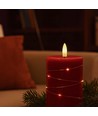 LED Bloklys med lyskæde, 12,5cm høj, flammeeffekt - Ø7,5cm, 10cm høj, virker m. fjernbetj (ikke inkl.), ægte stearin, rød