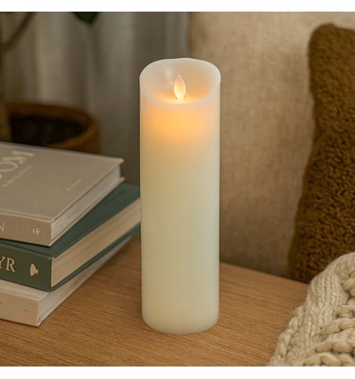 LED XL Bloklys 30cm høj, flammeeffekt, hvid - Ø10cm, 30cm høj, virker m. fjernbetj, timer, ægte stearin