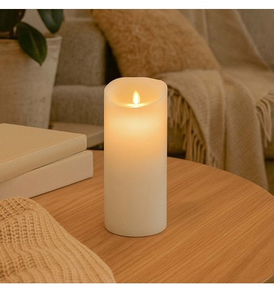 LED XL Bloklys 22,5cm høj, flammeeffekt, hvid - Ø10cm, 22,5cm høj, virker m. fjernbetj, timer, ægte stearin