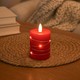 LED Bloklys med lyskæde, 10cm høj, flammeeffekt - Ø7,5cm, 10cm høj, virker m. fjernbetj (ikke inkl.), ægte stearin, rød