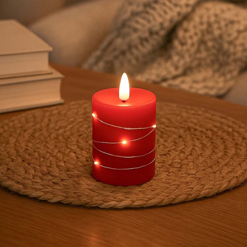 LED Bloklys med lyskæde, 10cm høj, flammeeffekt - Ø7,5cm, 10cm høj, virker m. fjernbetj (ikke inkl.), ægte stearin, rød