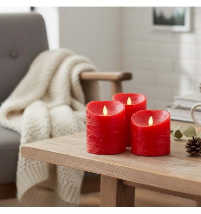 LED Bloklys Ø10cm, 3 stk, bevægelig flamme, rød - Inkl. fjernbetjening og timer, 10/12,5/15cm høj, ægte stearin
