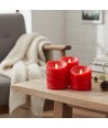 LED Bloklys Ø10cm, 3 stk, bevægelig flamme, rød - Inkl. fjernbetjening og timer, 10/12,5/15cm høj, ægte stearin