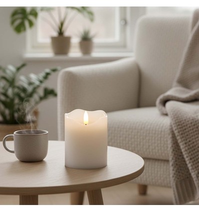 LED Bloklys 10cm høj, flammeeffekt, hvid - Ø7,5cm, 10cm høj, virker med fjernbetj, timer, ægte stearin