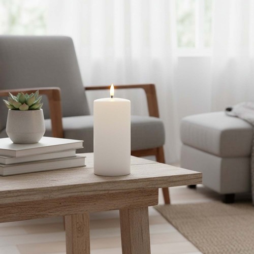 LED Bloklys 15cm høj, smelte-look, flammeeffekt - Ø7,5cm, 15cm høj, virker m. fjernbetj (ikke inkl.), timer, ægte stearin
