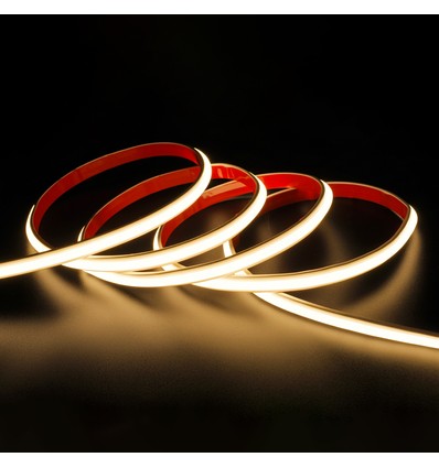 5m 9W/m vandtæt slim COB strip - 230V, IP67, 296/m LED, tape på bagsiden, op til 50m