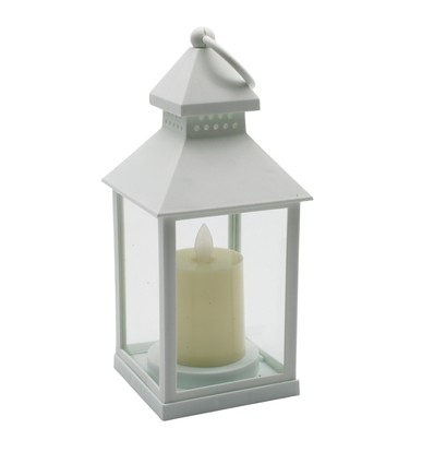 LED lanterne med flammeeffekt - Hvid, firkantet, batteri, IP54 indendørs/udendørs