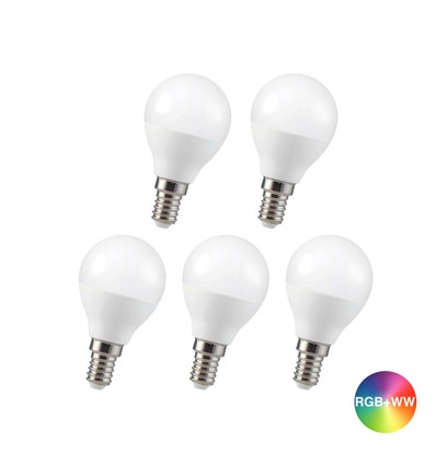 5 stk. RGBW LED Pære - 4,8W, RF fjernbetjening, dæmpbar, E14
