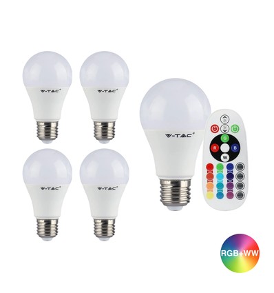 5 stk. E27 6W RGBW LED pære - Med RF fjernbetjening