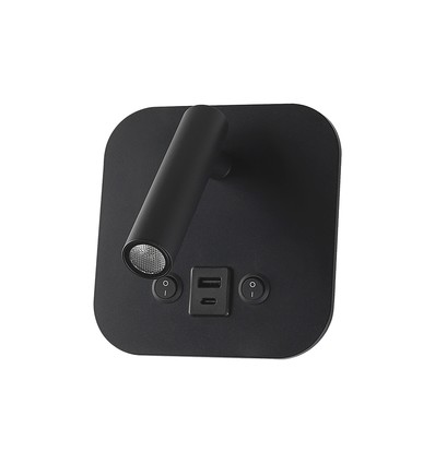 8W LED senge-væglampe med USB opladning - Sort, 3000K, CREE chip, USB-A og USB-C