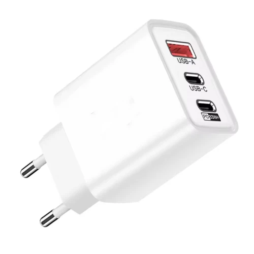 3-port USB oplader 65W - Hvid, USB-C+USB-A, perfekt til mobil og lamper