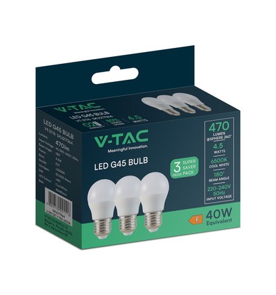 3 stk. E27 4,5W LED kronepærer - G45, 4000K, hvidt glas, 3-pak
