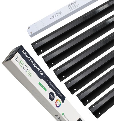 Sort Troldtekt LED Skinnesæt 6x60 cm - Planforsænket, Akustilight inkl. ledninger og driver