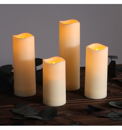 4-pak LED Udendørs bloklys, inkl. fjernbetjening, Ø5,5cm - Højde: 10/13/15/17cm, Batteri, timerfunktion, trådløs, tåler vand
