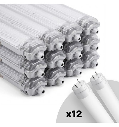 12 stk. Limea T8 LED dobbeltarmatur - Inkl. 24x18,5W 120cm LED rør, IP65 vandtæt