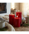 LED Bloklys Ø7,5cm, 3stk, smelte-look, flammeeffekt - Inkl. fjernbetjening og timer, 10/12,5/15cm høj, ægte stearin, bordeauxrød