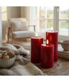 LED Bloklys Ø7,5cm, 3stk, smelte-look, flammeeffekt - Inkl. fjernbetjening og timer, 10/12,5/15cm høj, ægte stearin, bordeauxrød