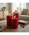 LED Bloklys Ø7,5cm, 3stk, smelte-look, flammeeffekt - Inkl. fjernbetjening og timer, 10/12,5/15cm høj, ægte stearin, bordeauxrød