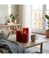 LED Bloklys Ø7,5cm, 3stk, smelte-look, flammeeffekt - Inkl. fjernbetjening og timer, 10/12,5/15cm høj, ægte stearin, bordeauxrød