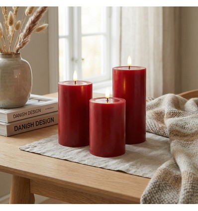 LED Bloklys Ø7,5cm, 3stk, smelte-look, flammeeffekt - Inkl. fjernbetjening og timer, 10/12,5/15cm høj, ægte stearin, bordeauxrød