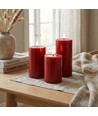 LED Bloklys Ø7,5cm, 3stk, smelte-look, flammeeffekt - Inkl. fjernbetjening og timer, 10/12,5/15cm høj, ægte stearin, bordeauxrød