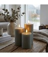 Sæt med 3 stk. LED Bloklys, grøn - Ø7,5cm, 10/12,5/15cm høj, fjernbetj, timer, ægte stearin