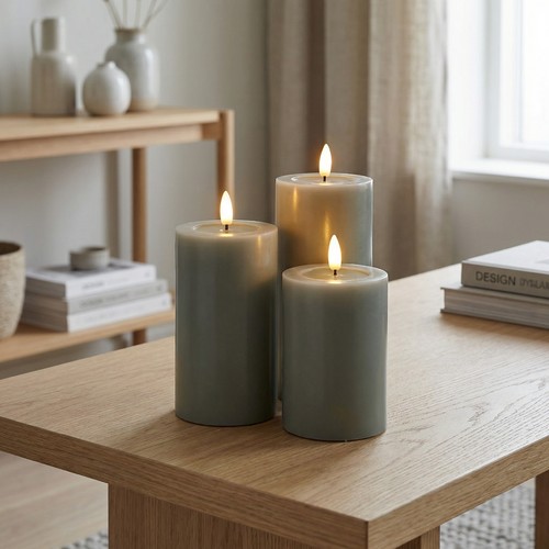 Sæt med 3 stk. LED Bloklys, grøn - Ø7,5cm, 10/12,5/15cm høj, fjernbetj, timer, ægte stearin