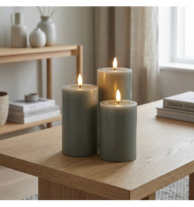 Sæt med 3 stk. LED Bloklys, grøn - Ø7,5cm, 10/12,5/15cm høj, fjernbetj, timer, ægte stearin