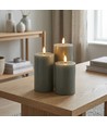 Sæt med 3 stk. LED Bloklys, grøn - Ø7,5cm, 10/12,5/15cm høj, fjernbetj, timer, ægte stearin