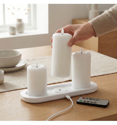 3-pak hvide LED bloklys inkl. ladebase - Ø7,5cm, 10/12,5/15 cm høj, inkl. fjernb., timer